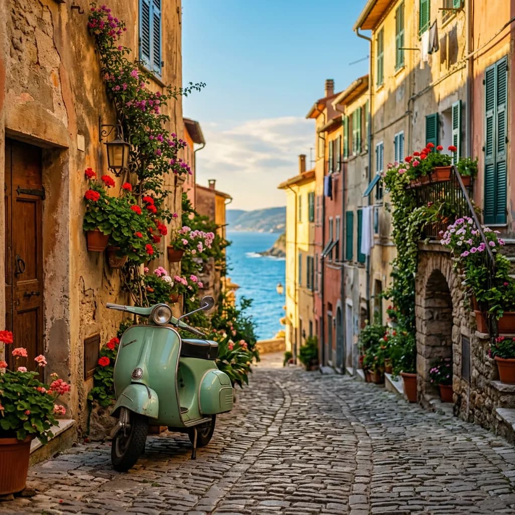 Mintgrüner Motorroller in einer italienischen Gasse mit Terrakotta-Häusern und Blick auf das blaue Meer.